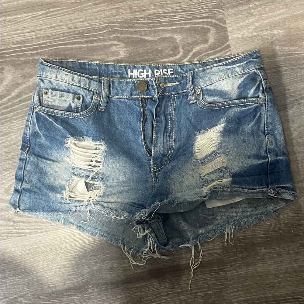 YMI High Waist Distressed Denim Shorts - Blue